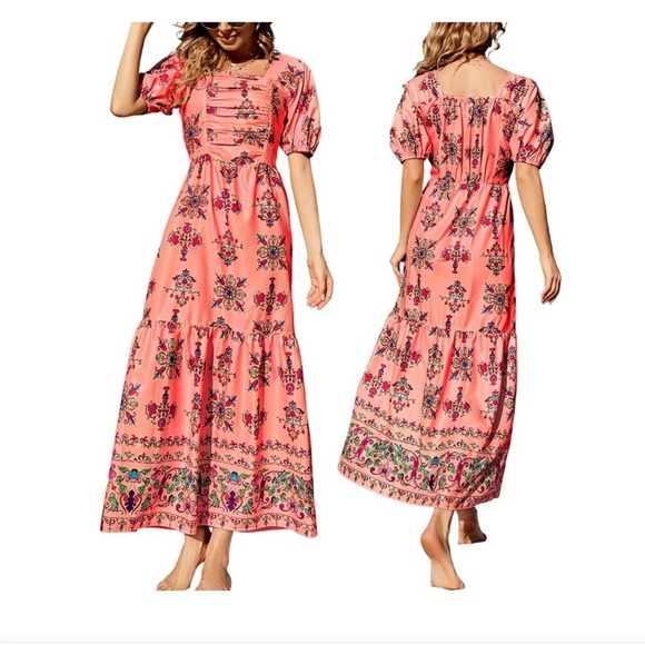 Luna Tuccini Floral Puff Sleeve Ruched Maxi Dress Small - Picture 7 of 7